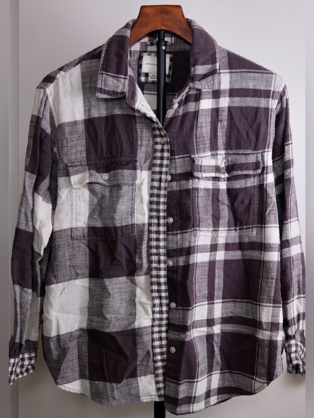 American Eagle Black White Plaid Flannel Shirt Shacket Small